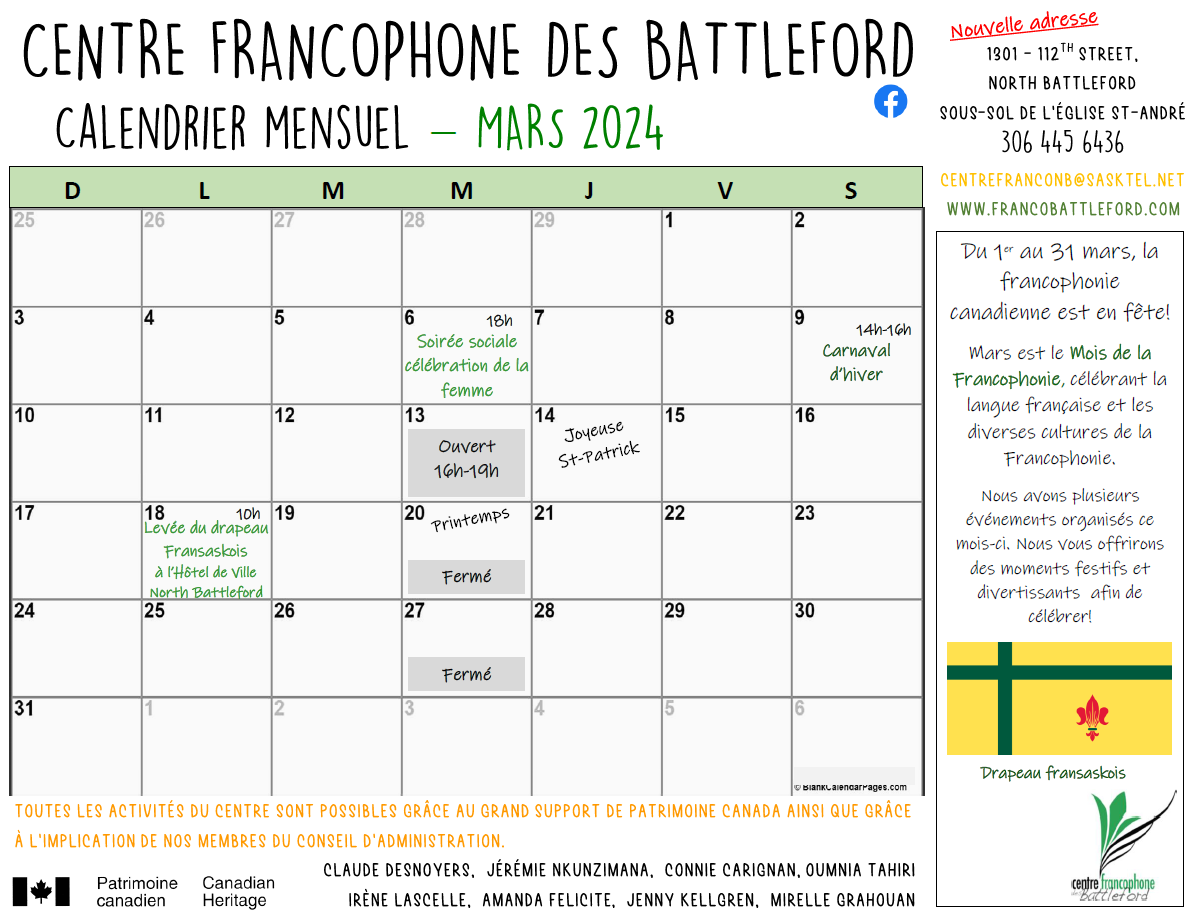 March calendar- Centre francophone des Battleford
