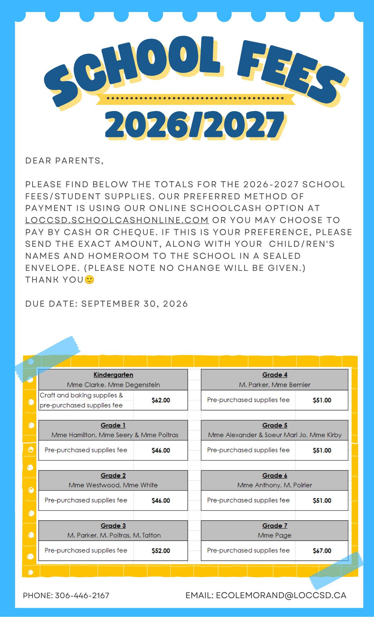 Reminder - 2026/2027 School Fees